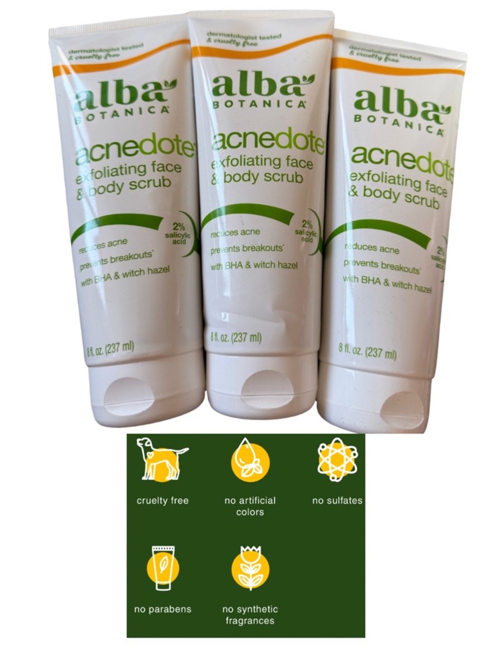 Lot of 3 Alba Botanica Acnedote Exfoliating Face & Body Scrub New acne teens 3x
